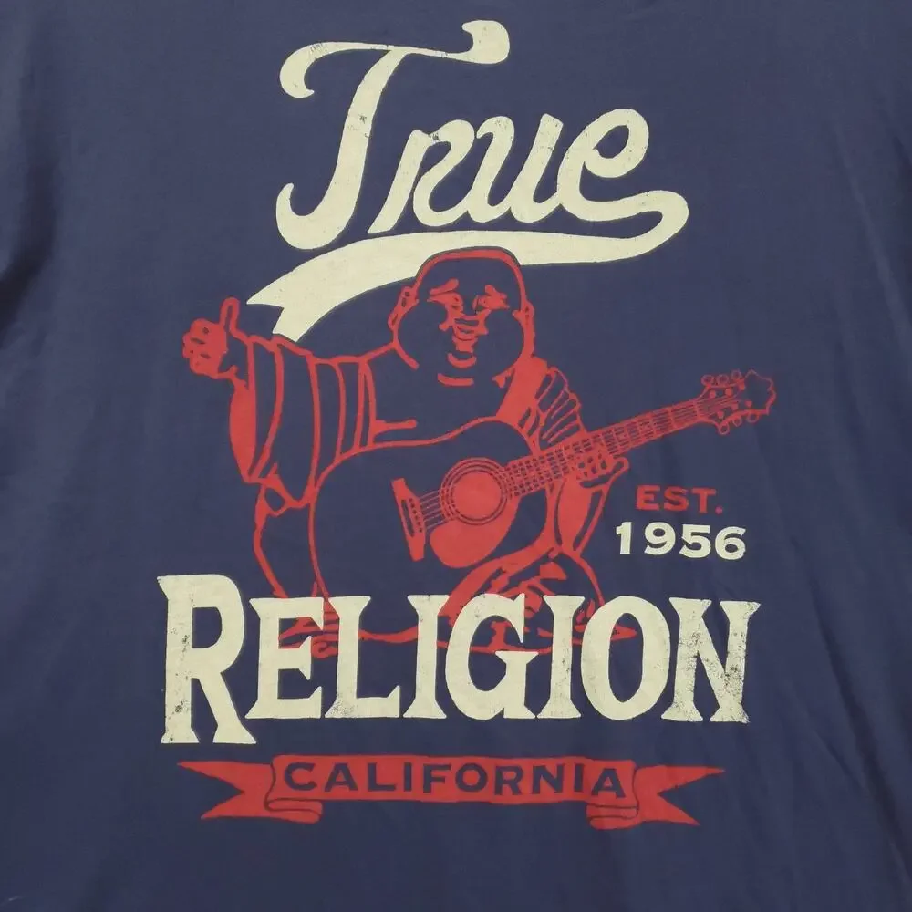 True Religion World Tour Shirt Mens XL Blue Short Sleeve Crew Neck Pullover